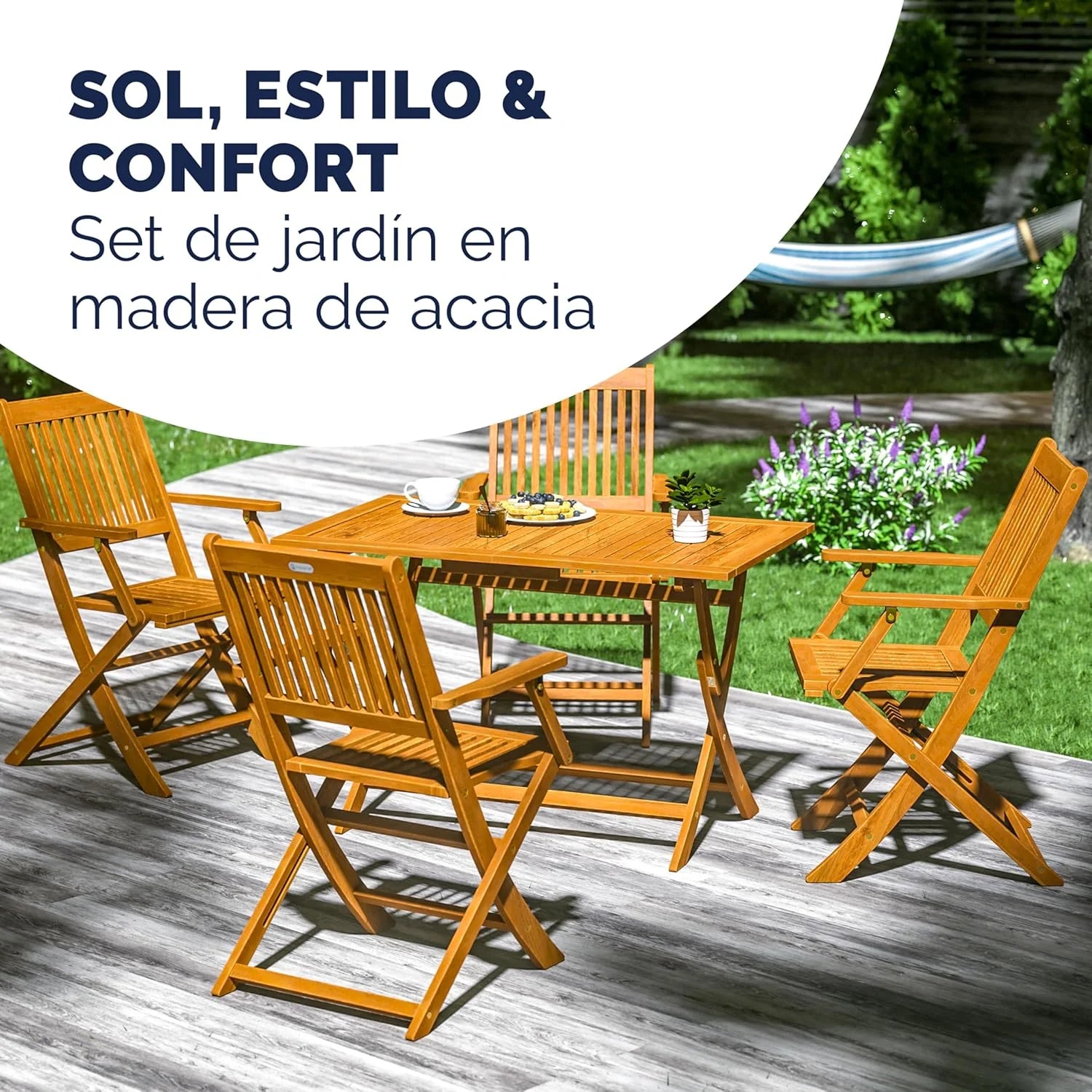 CASARIA® FSC® Outdoor Garden Table Set of 4 Chairs Acacia Wood Dining Set Patio Terrace Balcony Set 5 Pieces Folding Table Seats Armrests Durable Weather Resistant 120 x 70 cm