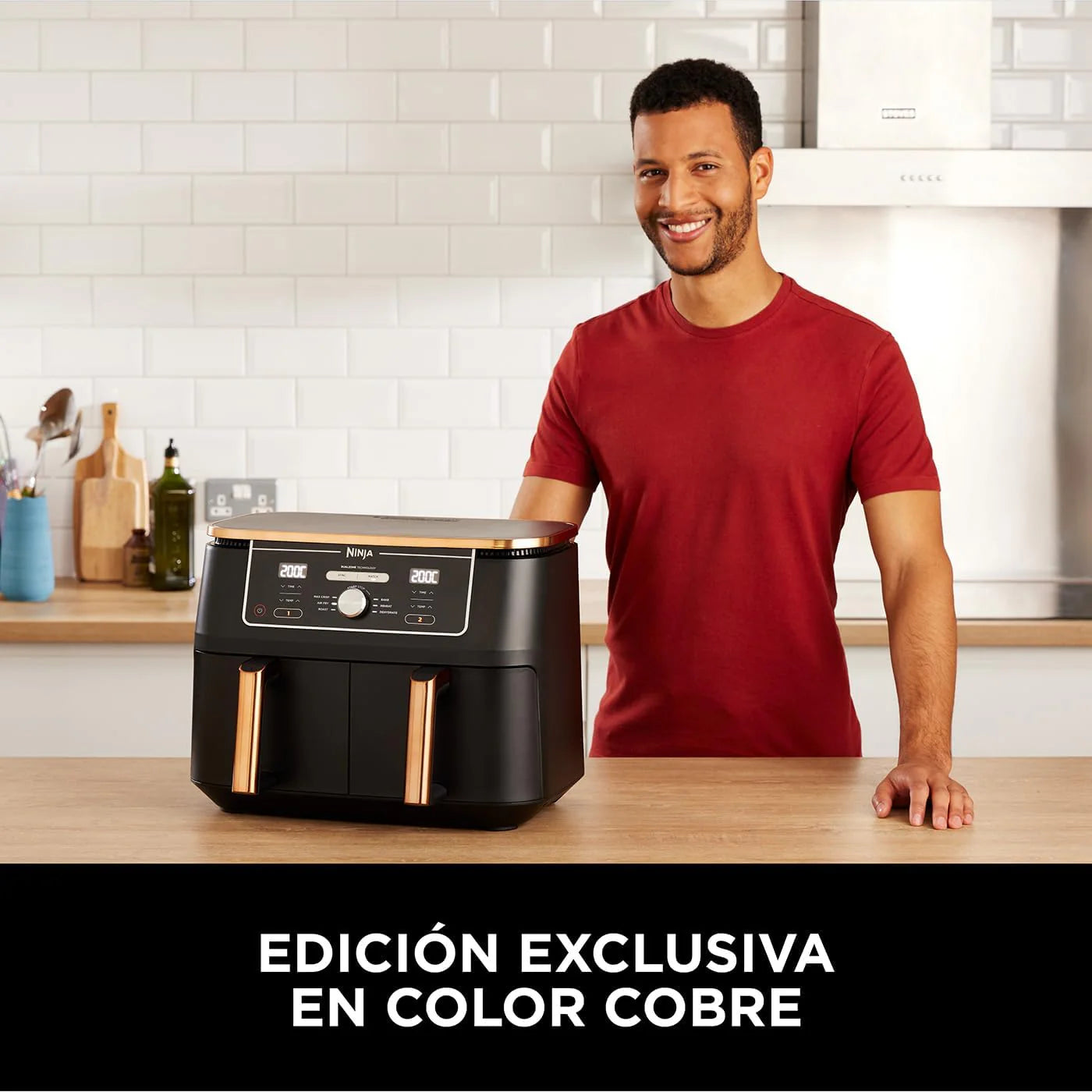 Ninja Foodi MAX Dual Compartment Air Fryer, 9.6L, 6-in-1, No Oil, Max Crisp, Roast, Bake and More, Tongs, 8 Servings, Non-Stick Baskets, Copper & Black, AF400EUCP
