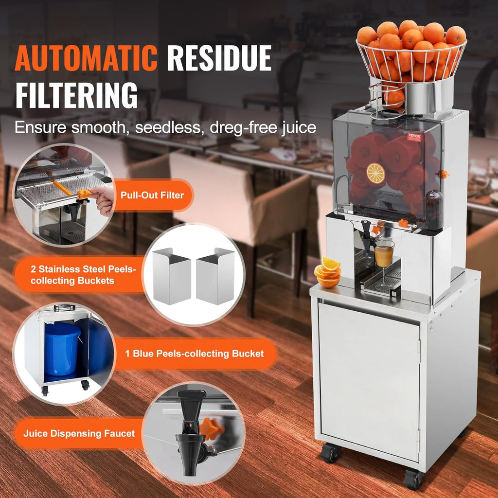 VEVOR Exprimidor de Cítricos Eléctrico 120 W Extractor de Zumo de Naranja Comercial Automático con Filtro Extraíble Cubo de Recolección de Cáscaras y Grifo para Restaurantes, Cafeterías, Fruterías