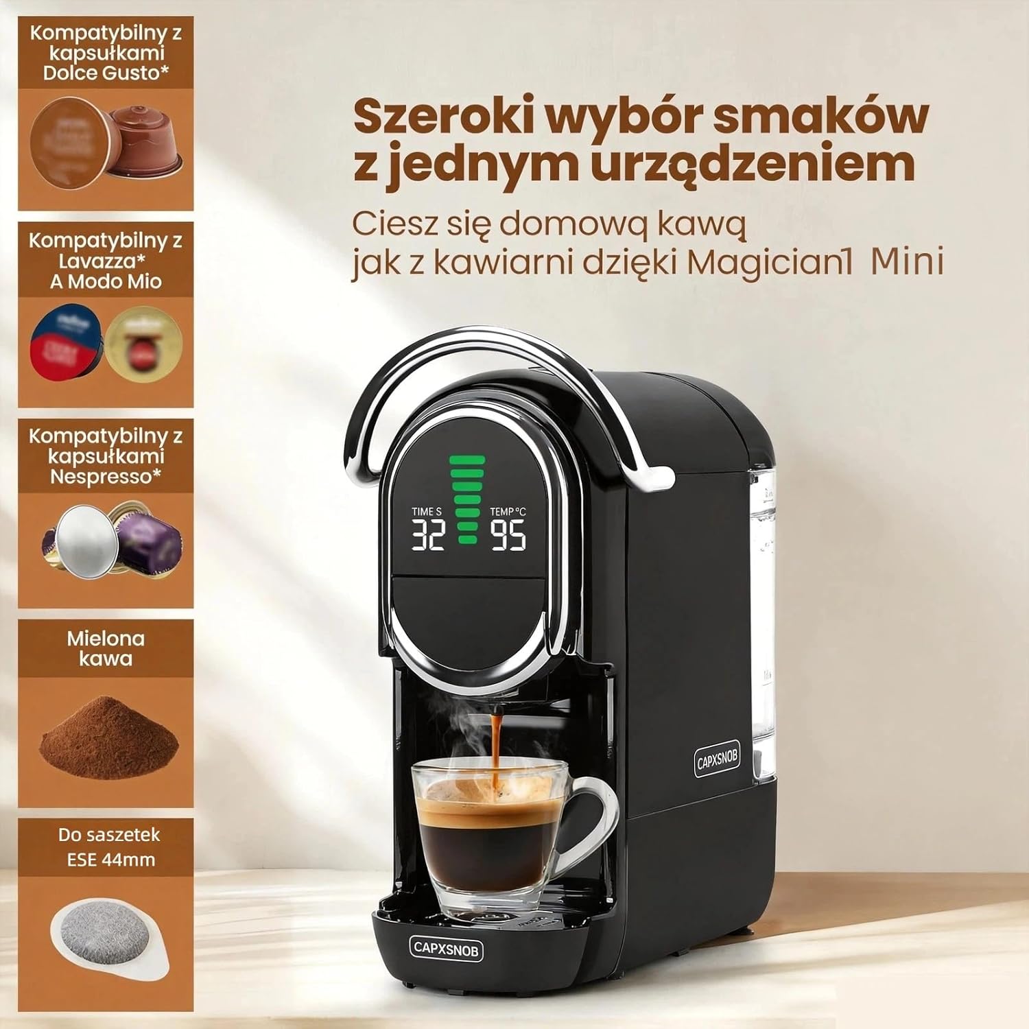 Magician1 Mini Multikapsułkowy Ekspres do kawy 5 w 1, do Nespresso, Dolce Gusto, Lavazza A Modo Mio, Saszetki ESE 44mm i Kawy Mielonej, 20 Barów Włoska Pompa,1450W, Wyświetlacz LED, do Domu i Biura