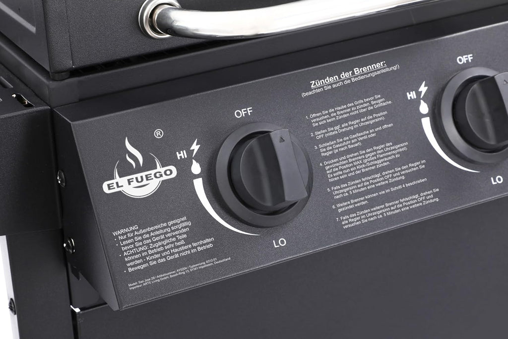 Grill gazowy "San Jose 2 palniki" firmy El Fuego®, w zestawie wąż gazowy i reduktor ciśnienia, ruszt do grillowania z żeliwa, z termometrem i dużymi półkami bocznymi, grill BBQ | AY0204