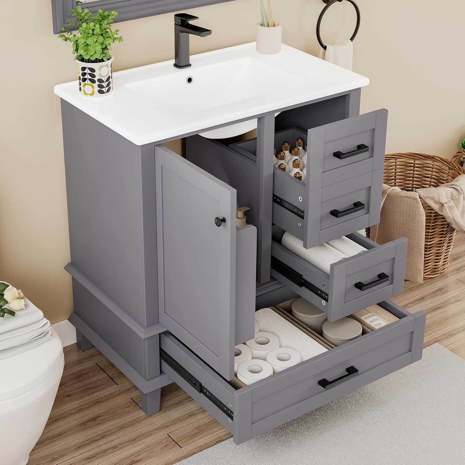 Armario de Baño Lcoho 76 x 46 x 83,5 cm con Lavabo, Lacado Completo, Estantería para Puerta, Tres Cajones Silenciosos, Lavabo de Cerámica Integrado (Gris)