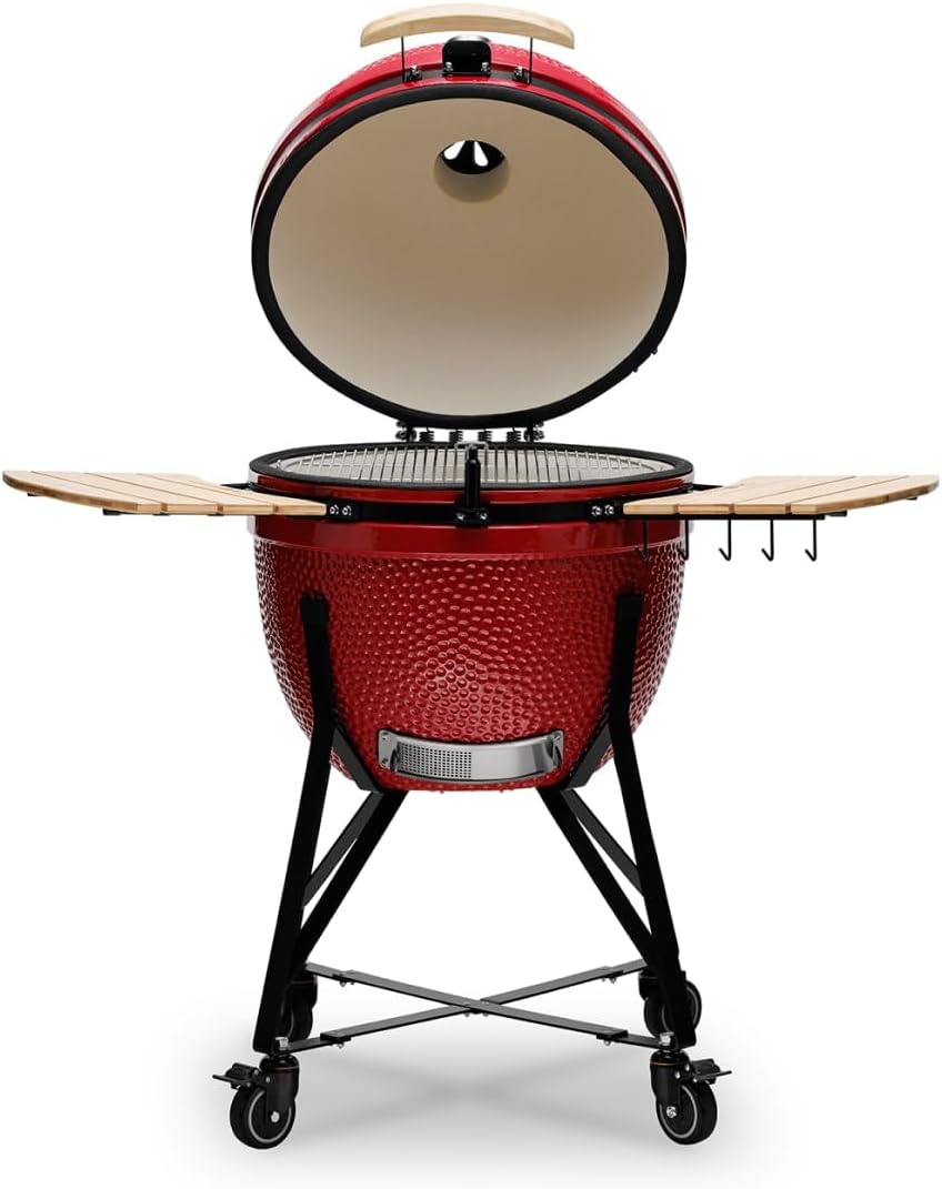 Kamado BONO BBQ - Barbacoa Grande XXL con 10 accesorios - Ø 64 cm Kamado Barbacoa con Accesorios - Parrilla ahumador rojo en la terraza, balcón o jardín