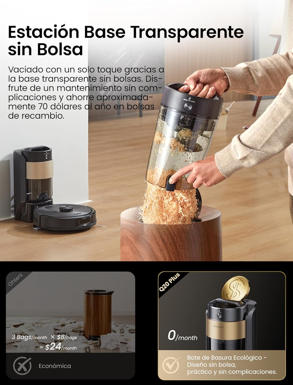 Proscenic Q20 Plus Robot Aspirador y Fregasuelos 10000 Pa/200Mins, con 4L Base Autovaciado sin Bolsa, Navegación y Cartografía por Láser por App/Voz/Control, para Suelos, Alfombras y pelos de Mascotas