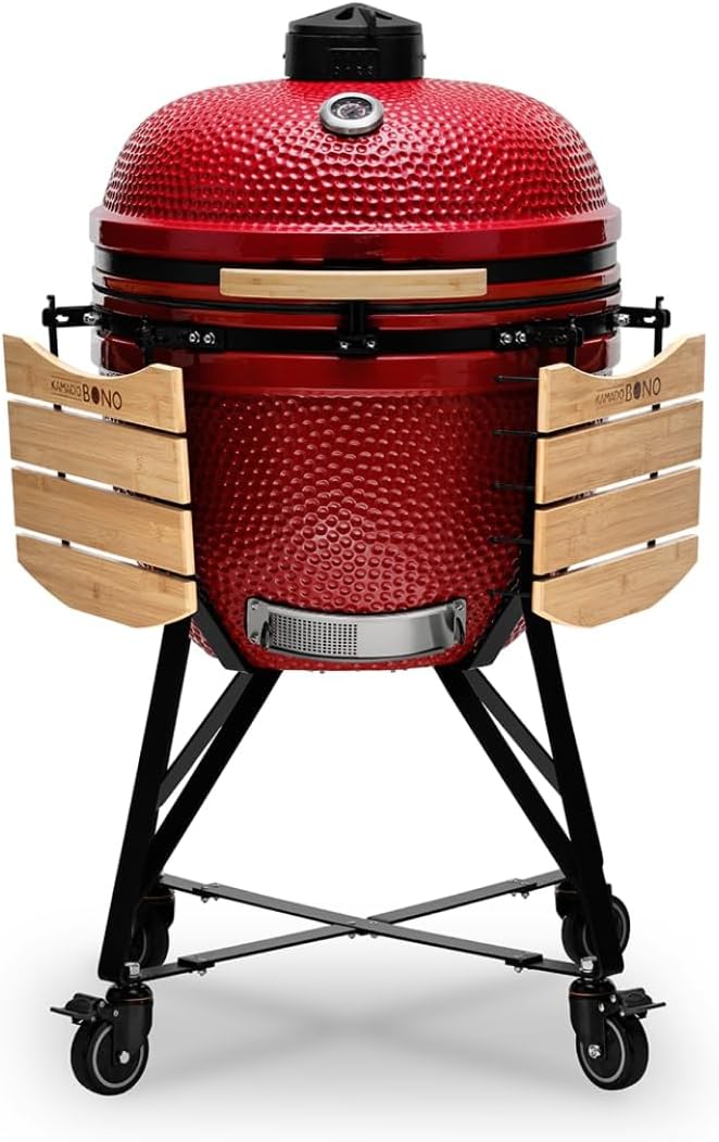 Kamado BONO BBQ - Barbacoa Grande XXL con 10 accesorios - Ø 64 cm Kamado Barbacoa con Accesorios - Parrilla ahumador rojo en la terraza, balcón o jardín