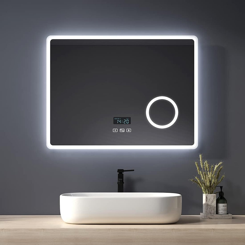 Heilmetz Espejo de baño Iluminado por LED con Lupa 3X, 80 x 60 cm, con Interruptor táctil y función antivaho, Reloj y Bluetooth, Regulable, Tres Colores, Tipo13
