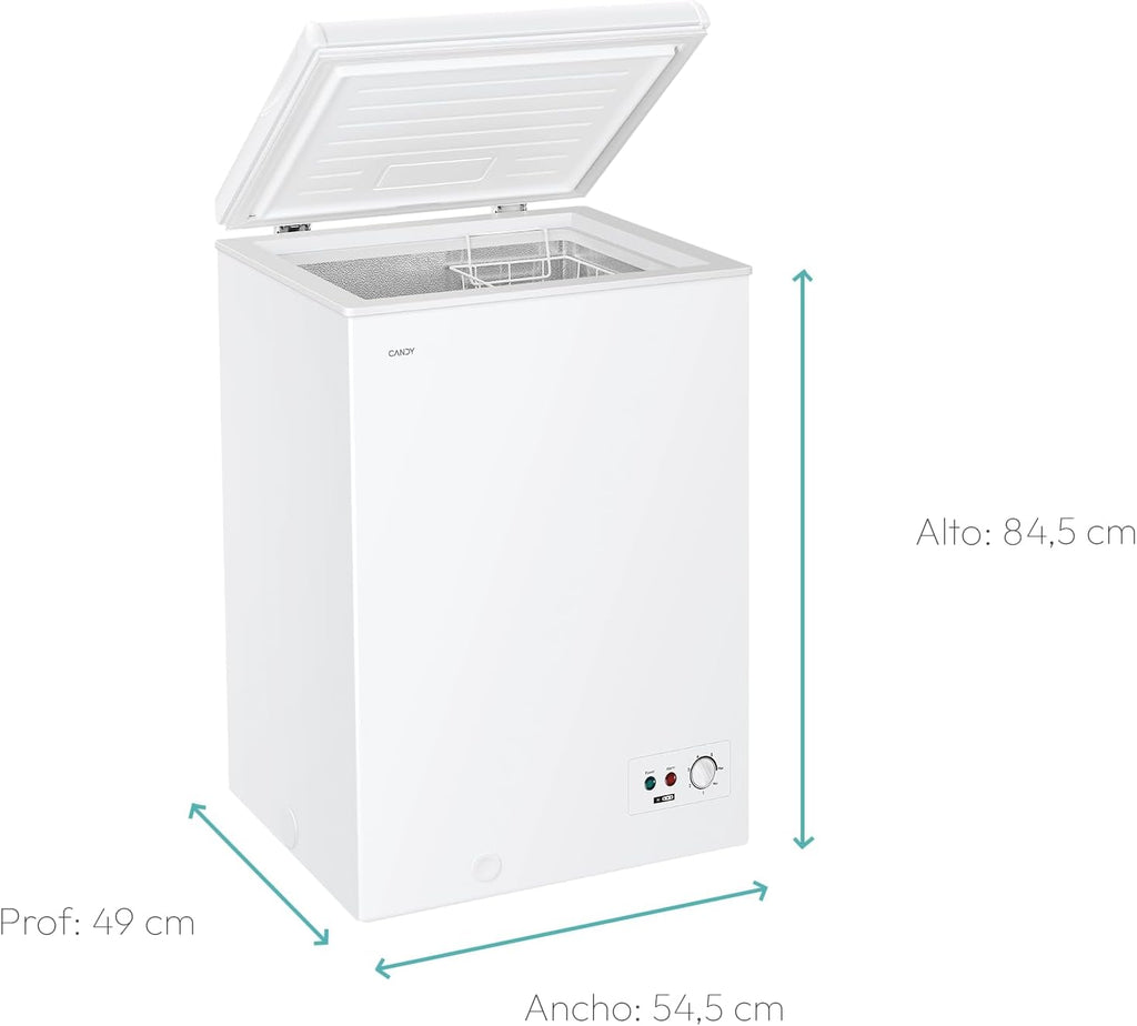 Candy CCHH 100E, Congelador Arcón Horizontal, Ancho 55CM, 97L, Tecnología Estática, 1 Cesto, Control Electrónico Externo, Indicador de Temperatura, Alarma Aumento de Temperatura, 39DB, Blanco