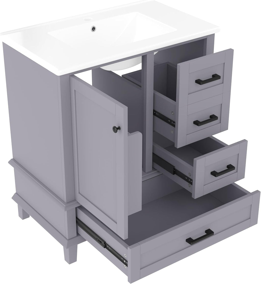Armario de Baño Lcoho 76 x 46 x 83,5 cm con Lavabo, Lacado Completo, Estantería para Puerta, Tres Cajones Silenciosos, Lavabo de Cerámica Integrado (Gris)