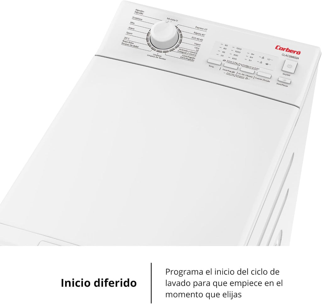 Corberó - Lavadora Carga Superior 6.5kg| CLACSM6524 | 1200 RPM | 16 Programas, Función Vapor, ECO, limpieza tambor| Inicio Diferido| Lavado Rápido | Planchado Fácil | Indicadores LED | Blanco