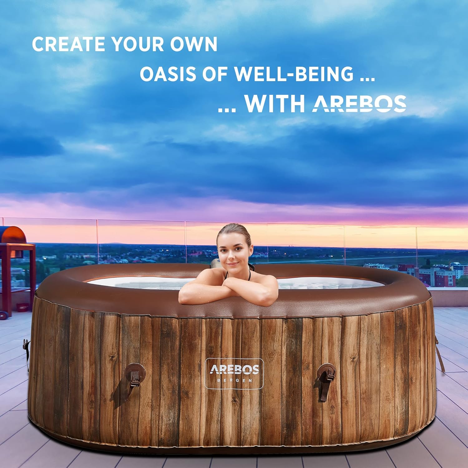 Arebos Whirlpool | SPA Hinchable | Interior y Exterior | 190x120 cm Ovalado | 2 Personas | 90 chorros de Masaje | con calefacción | 550 litros | Incl. Cubierta | Bubble SPA & Wellness Massage