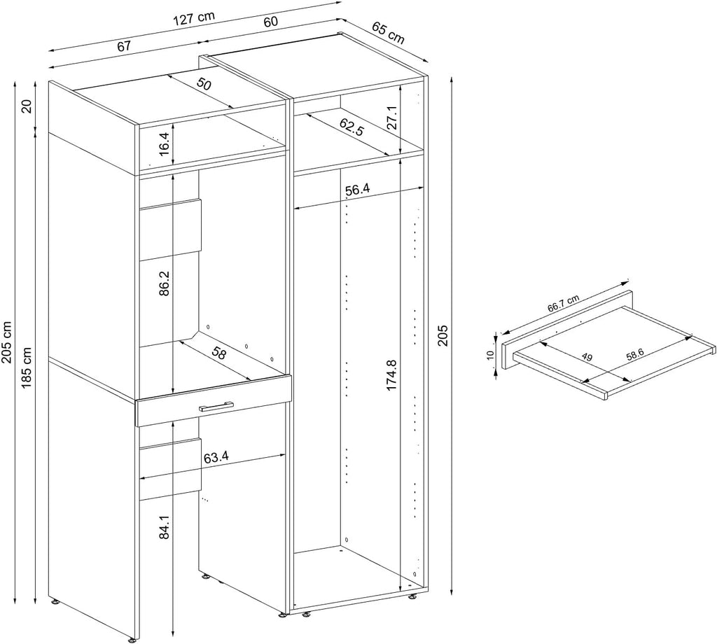 Armario de pared, secadora sobre lavadora, 127 cm de ancho, torre para lavadora, estantería (3 estantes, roble