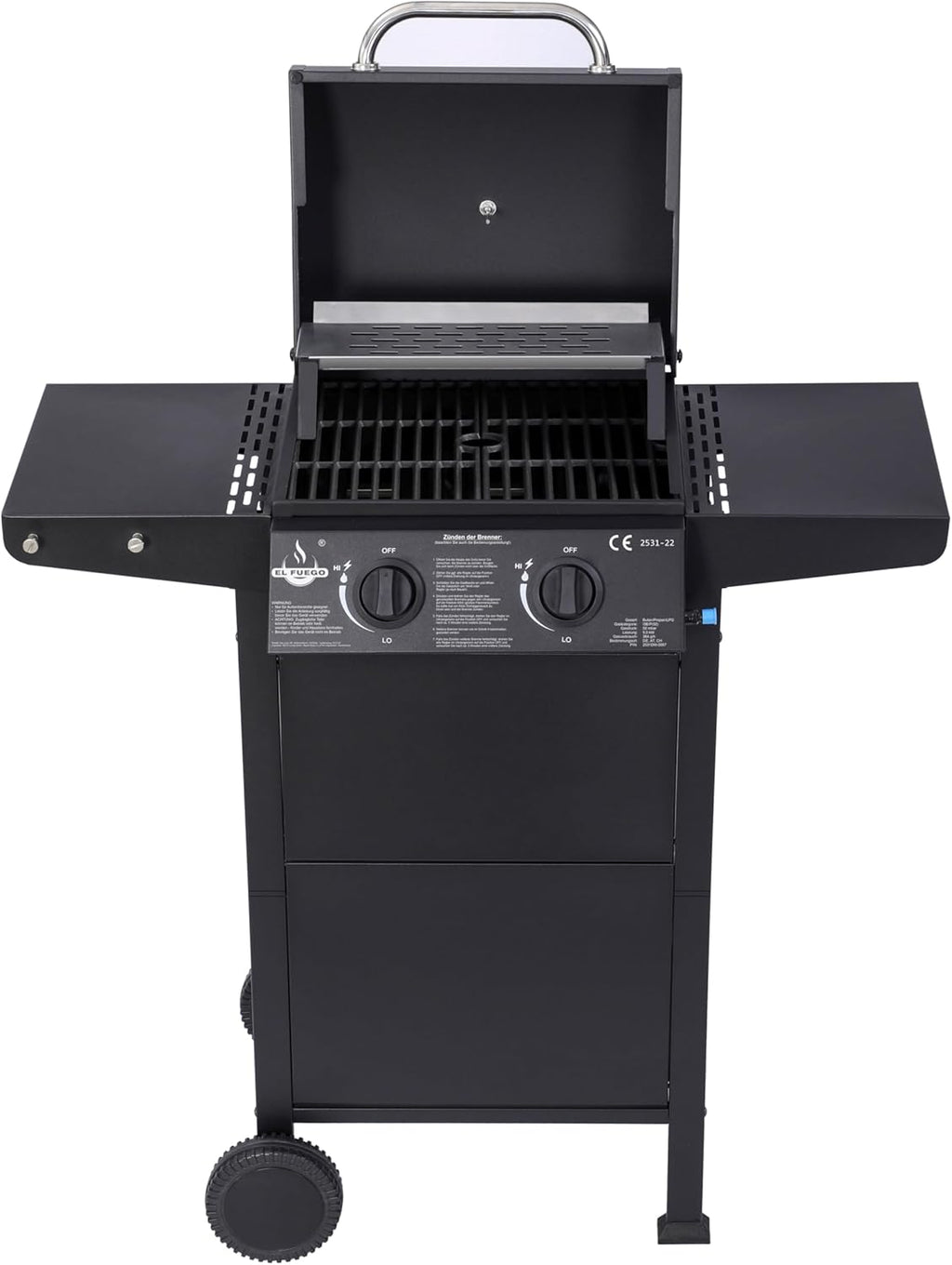 Grill gazowy "San Jose 2 palniki" firmy El Fuego®, w zestawie wąż gazowy i reduktor ciśnienia, ruszt do grillowania z żeliwa, z termometrem i dużymi półkami bocznymi, grill BBQ | AY0204