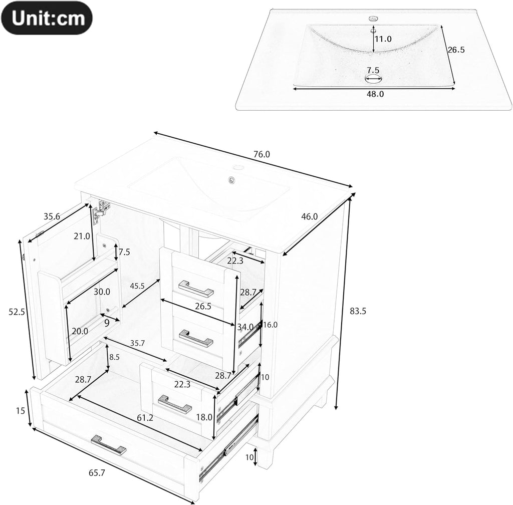 Armario de Baño Lcoho 76 x 46 x 83,5 cm con Lavabo, Lacado Completo, Estantería para Puerta, Tres Cajones Silenciosos, Lavabo de Cerámica Integrado (Gris)