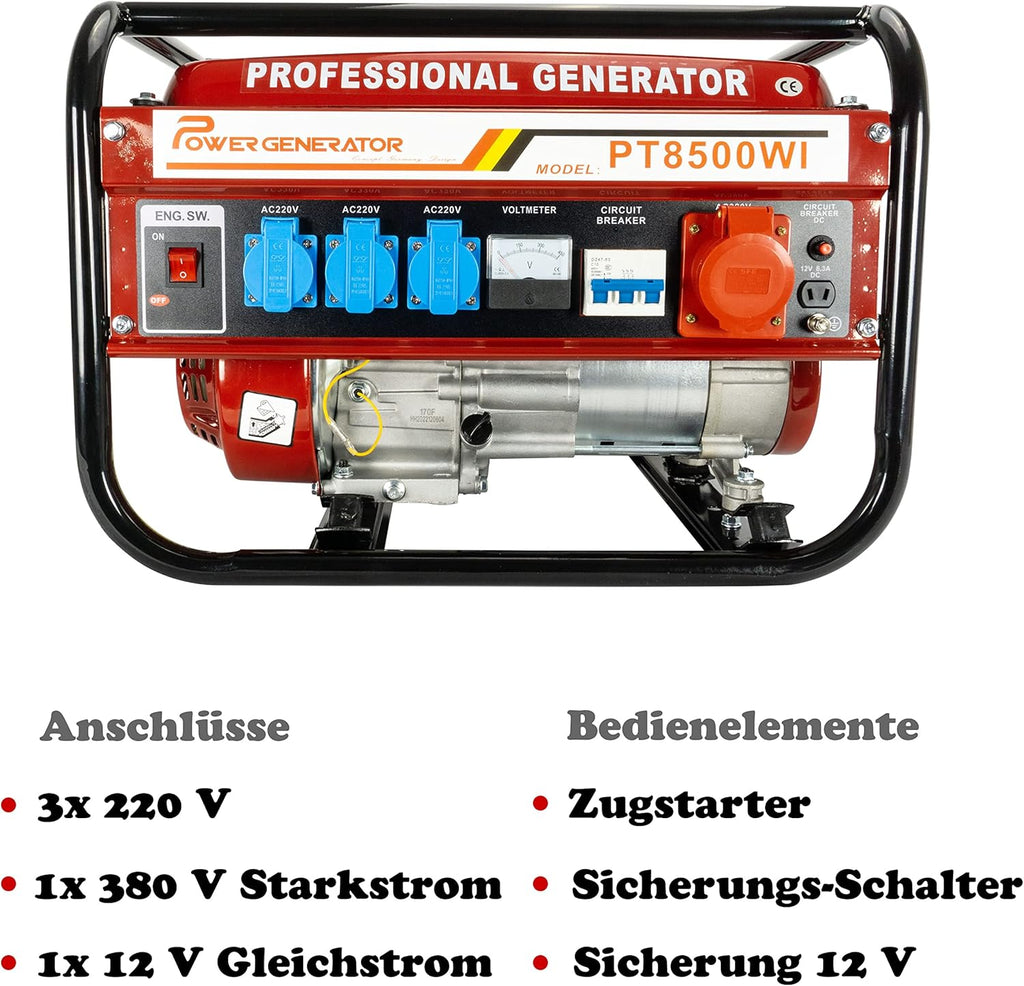 Generador de corriente con gasolina | Accesorios incluidos | Grupo electrógeno silencioso | 5 enchufes 3 x 230 V / 1 x 400 V / 1 x 12 V | 6,5 CV