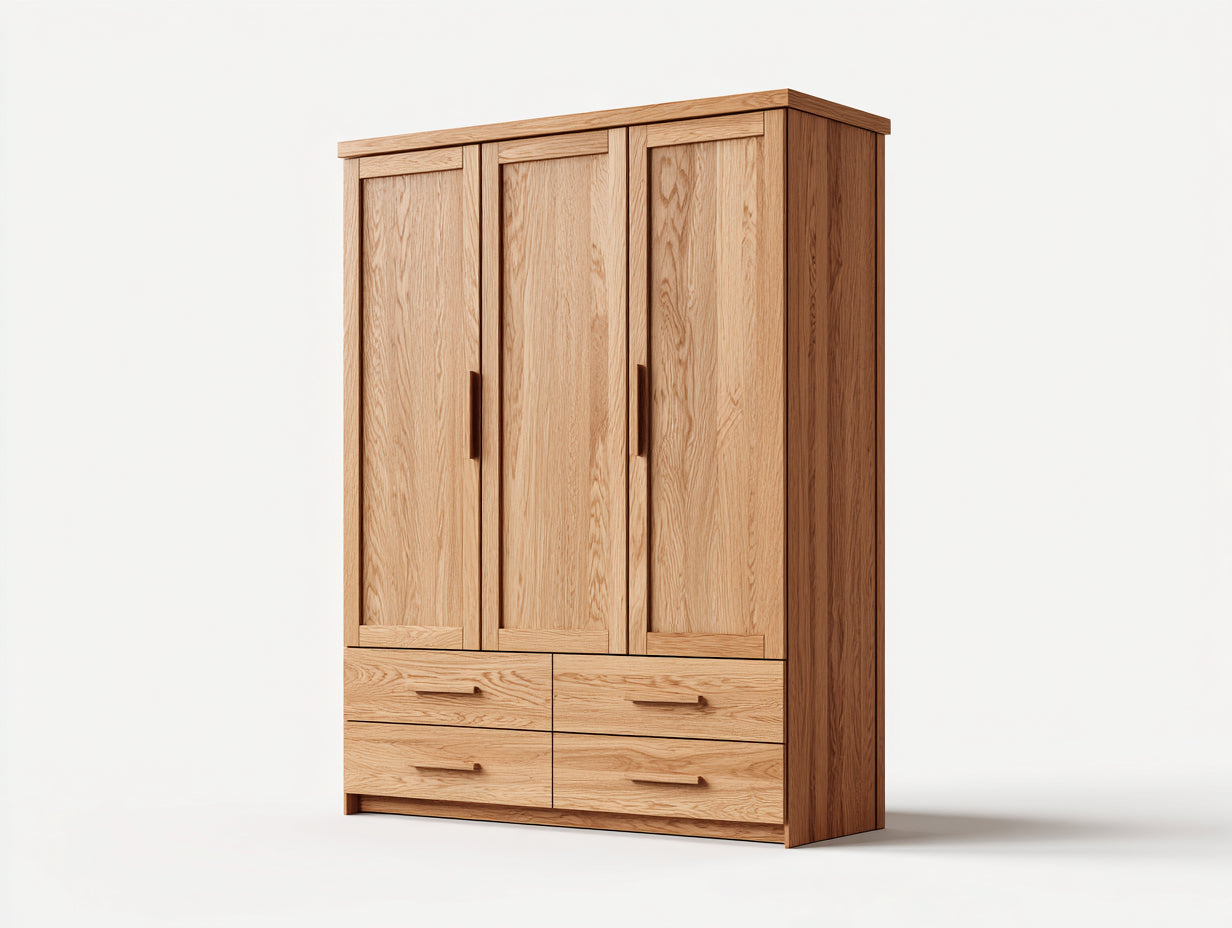Armarios de tres puertas con cajones madera natural 150x60x200 cm - Roble - Diseño moderno de almacenamiento
