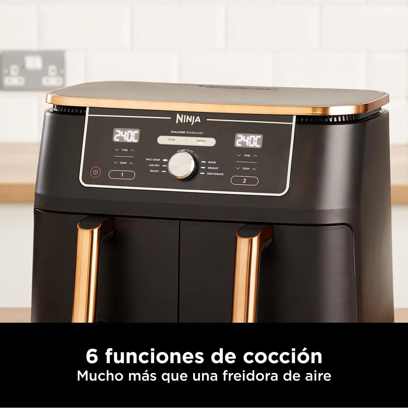 Ninja Foodi MAX Dual Compartment Air Fryer, 9.6L, 6-in-1, No Oil, Max Crisp, Roast, Bake and More, Tongs, 8 Servings, Non-Stick Baskets, Copper & Black, AF400EUCP