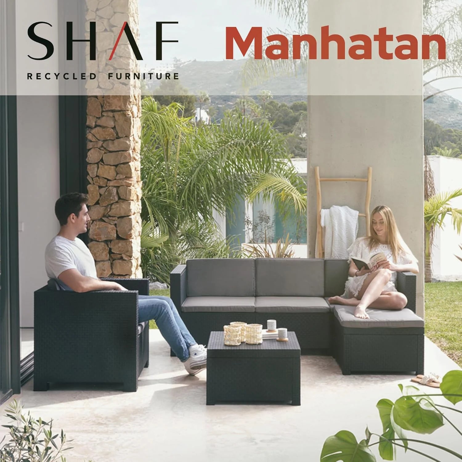 SP Berner - Shaf - Manhattan | Outdoor Living Room Furniture Set - 5 Seater Outdoor Garden Furniture Set | Made in Spain with Recycled Materials - Graphite Colour