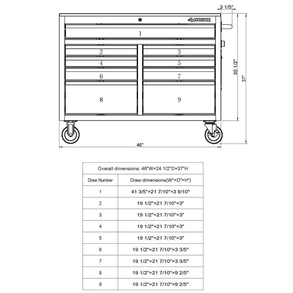 2025 Caja de herramientas móvil profunda con 9 cajones, 46" de ancho x 24" de fondo, acabado negro brillante