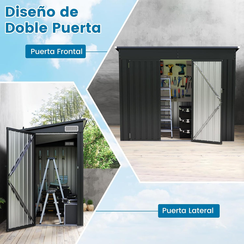 COSTWAY Caseta Jardin Exterior, 235 x 117 x 185 cm, obertizo Jardin Exterior con 2 Puertas, Techo Inclinado, Casita Organizador de Metal Galvanizado, Organizador de Herramientas para Jardín Patio