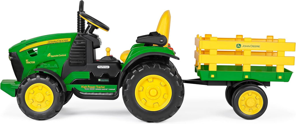 Peg Perego John Deere RC Tractor - Tractor eléctrico corredizo y teledirigido para niños, 12 V, con remolque, mando a distancia, 2 ruedas motrices, radio FM, 1 año
