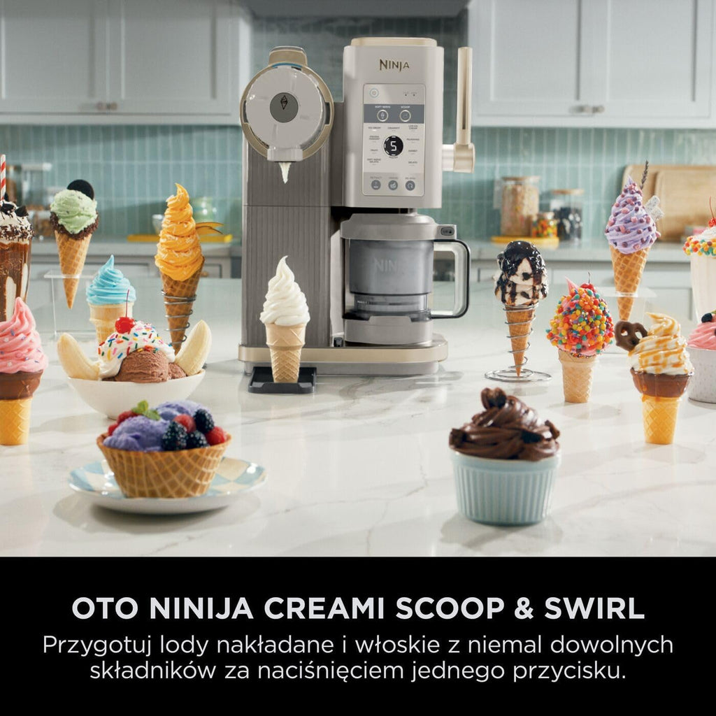 Ninja CREAMi Scoop and Swirl Maszyna do lodów z 2 pojemnikami, 13 funkcji, przygotowuje lody, lody włoskie, gelato, koktajle mleczne i inne desery, opcja dodatków, kamienne złoto, NC701EUSTGD