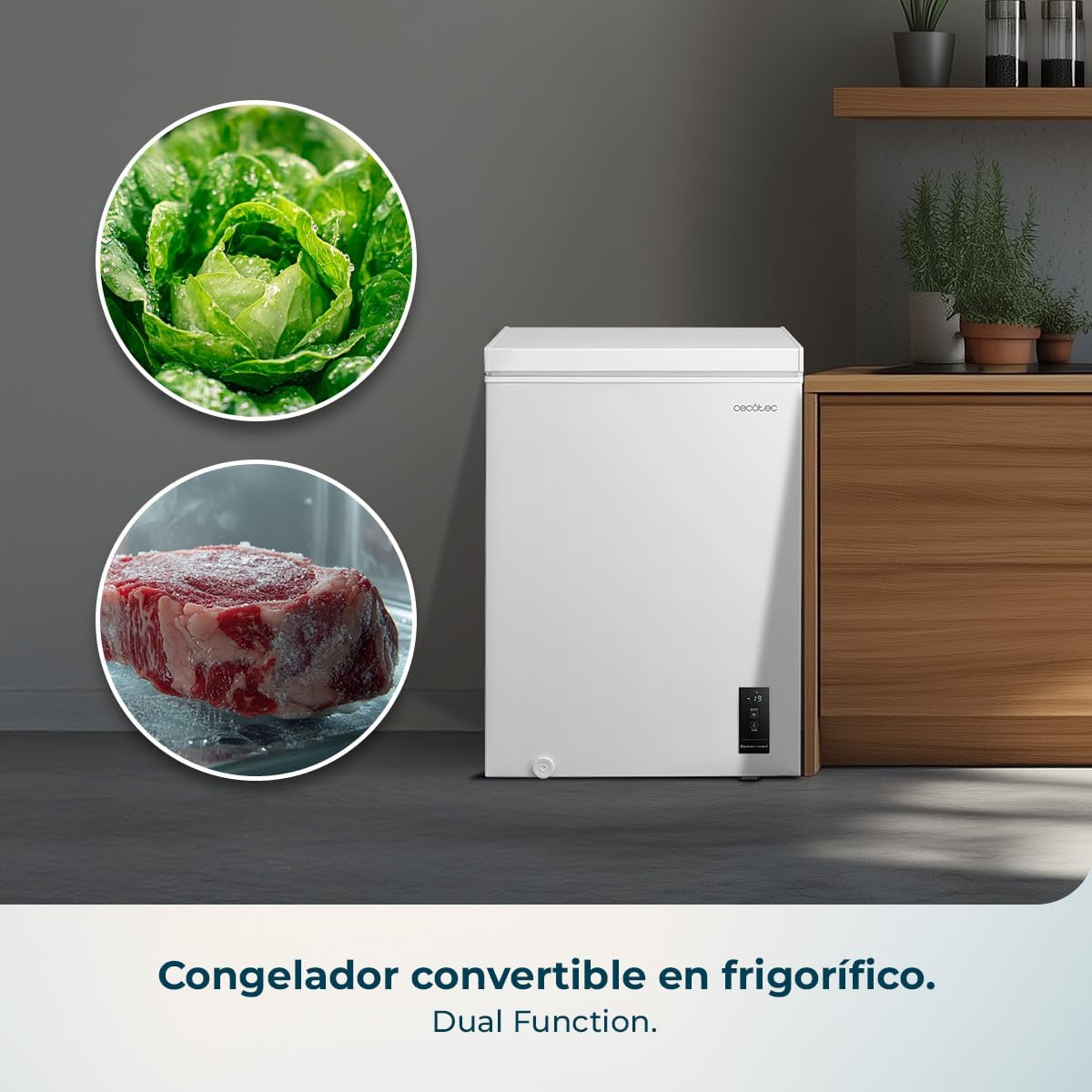 Cecotec Congelador Horizontal 143L Bolero CoolMarket Chest 143P White E. Cesta con Asas, Control Electrónico LED, UltraContact D-Cool, Dual Function, Puerta ZeroG (80º-30º), Fast Freezing, Compacto