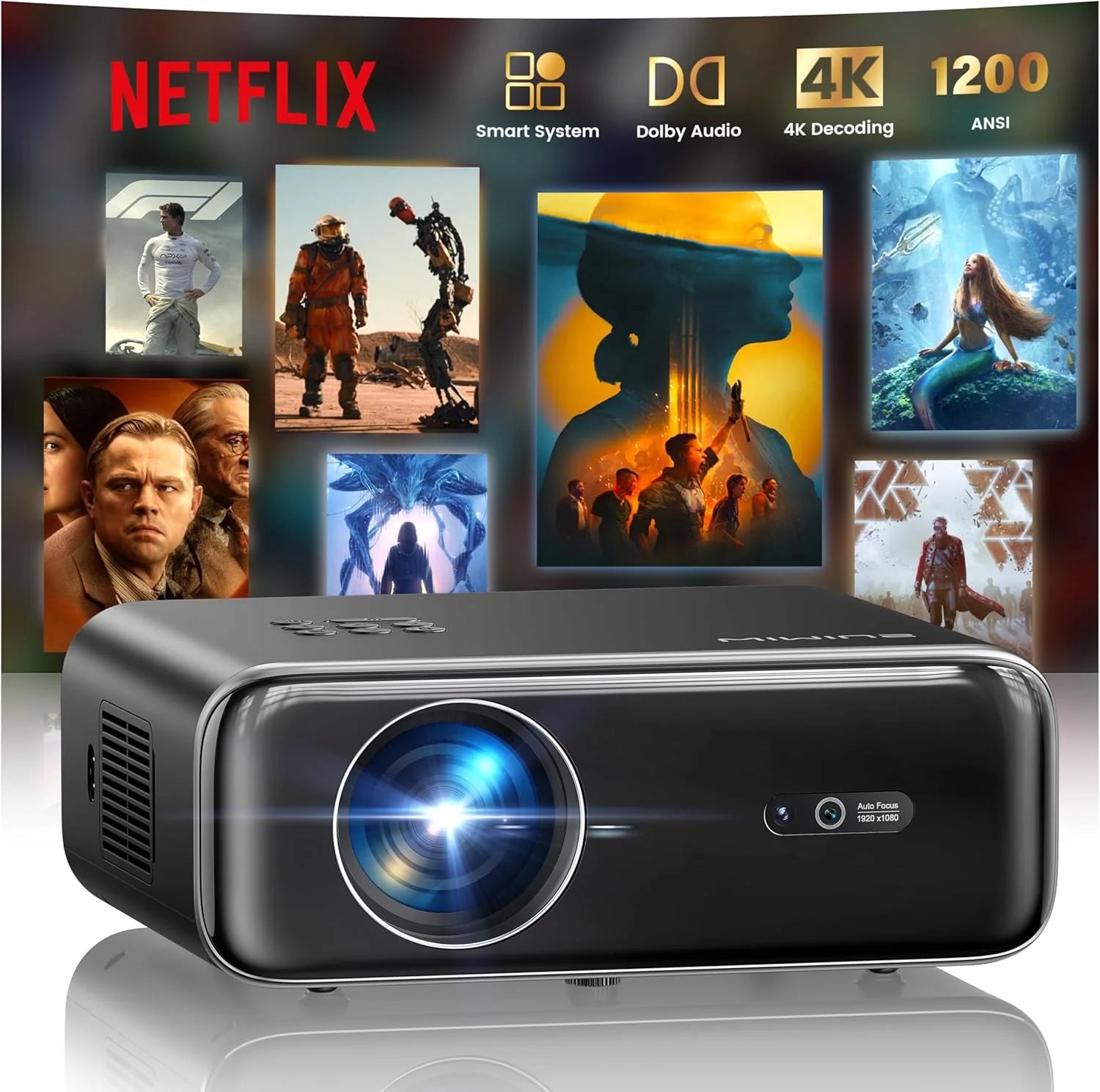 Projector 4K【1400 ANSI/Netflix Included/Dolby】 Smart Projector 4K Portable Auto Focus/Keystone WiFi Bluetooth FHD 1080P, HDR10, Projectors WiFi6 Outdoor Zoom 50% for Home Cinema/PPT Dual HDMI/USB