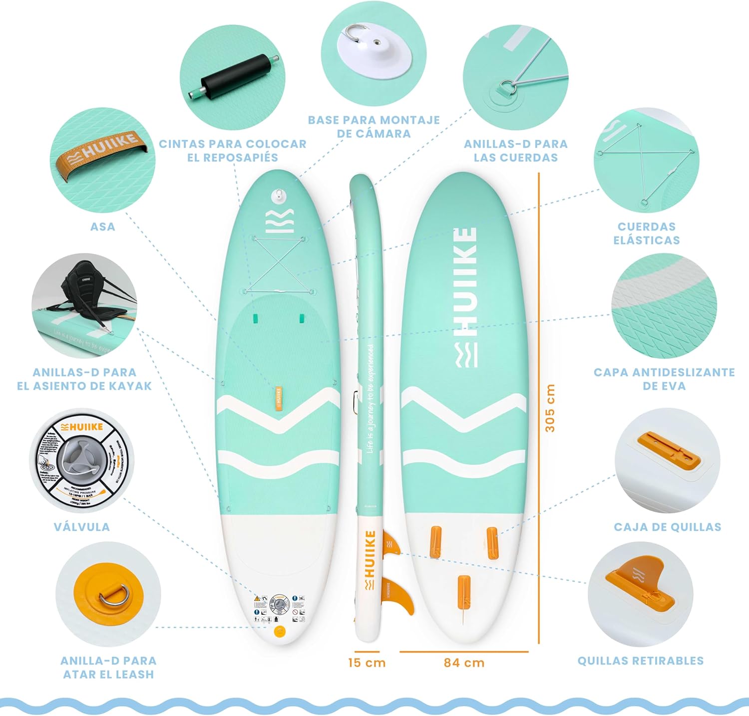 HUIIKE Tabla Paddle Surf Hinchable con Accesorios Incluidos, Remo, Quillas, Inflador. Stand Up Paddle Board Gran Estabilidad y Resistencia. 305 x 84 x 15 cm, Soporta hasta 130 kg