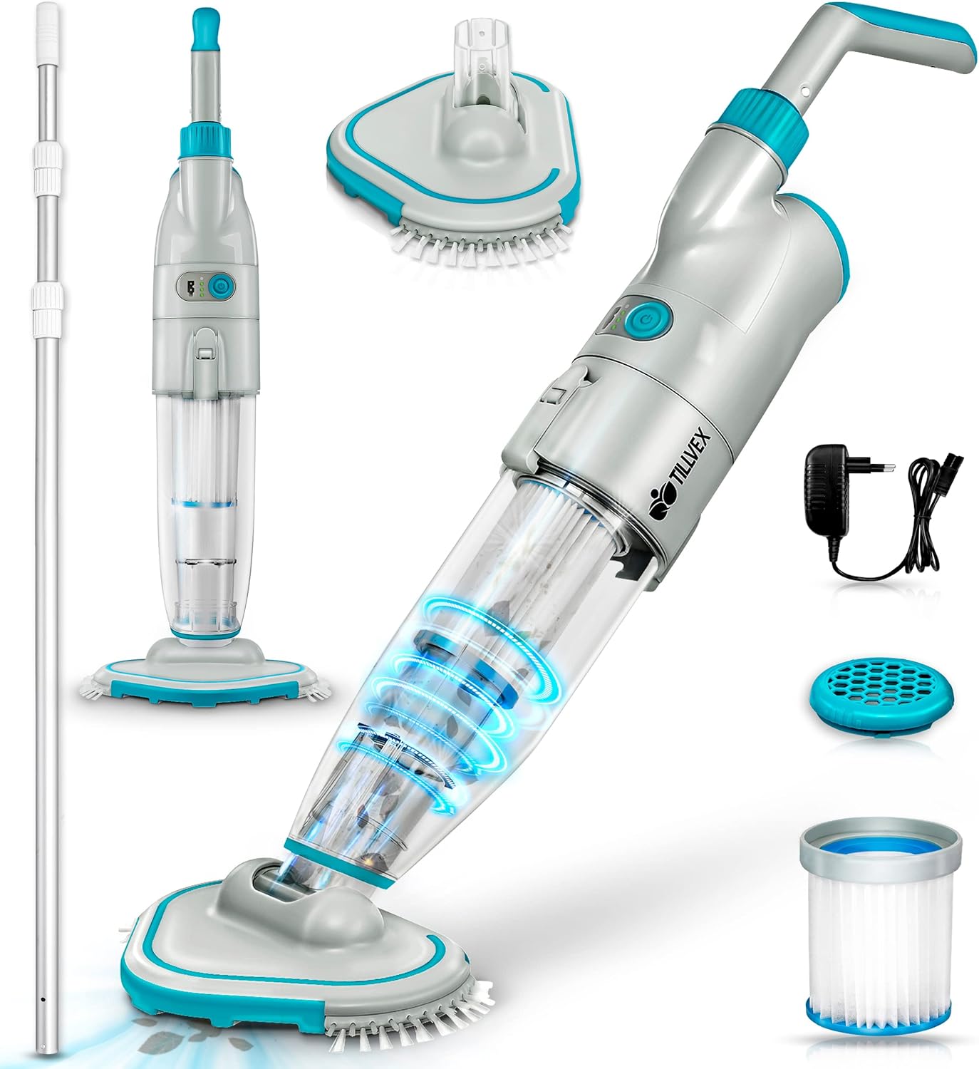 tillvex Limpiafondos Eléctrico de Piscina | Set Aspirador de Fondo Automático con Mango Telescópico | Aspiradora Inalámbrica de Limpieza con Filtro y 2 Velocidades